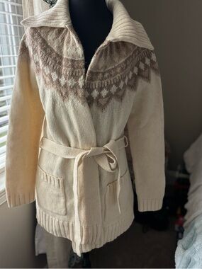 Ralph Lauren Cream Sweater Cardigan with Taupe Nordic Yoke